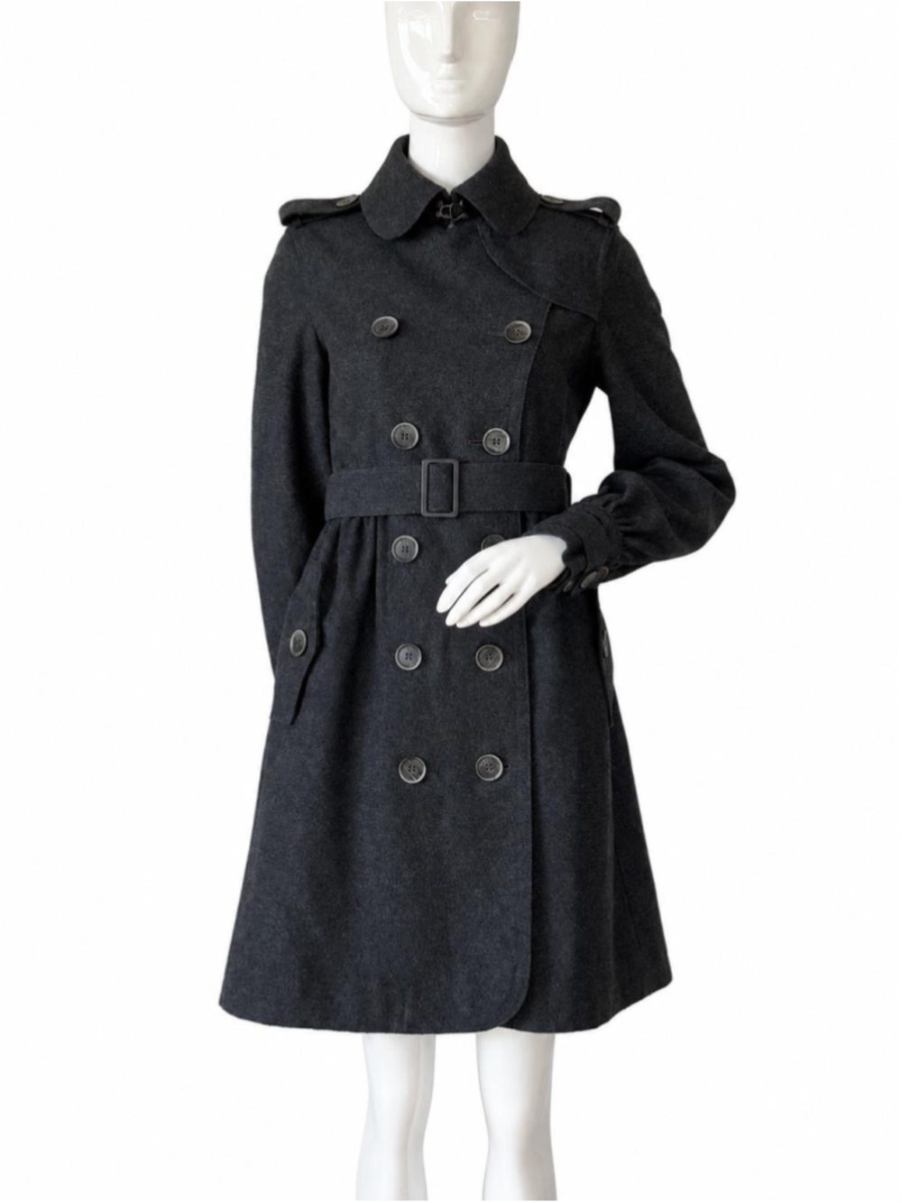 Vintage Burberry Wool Cashmere Belted Trench Coat XS Charcoal Grey